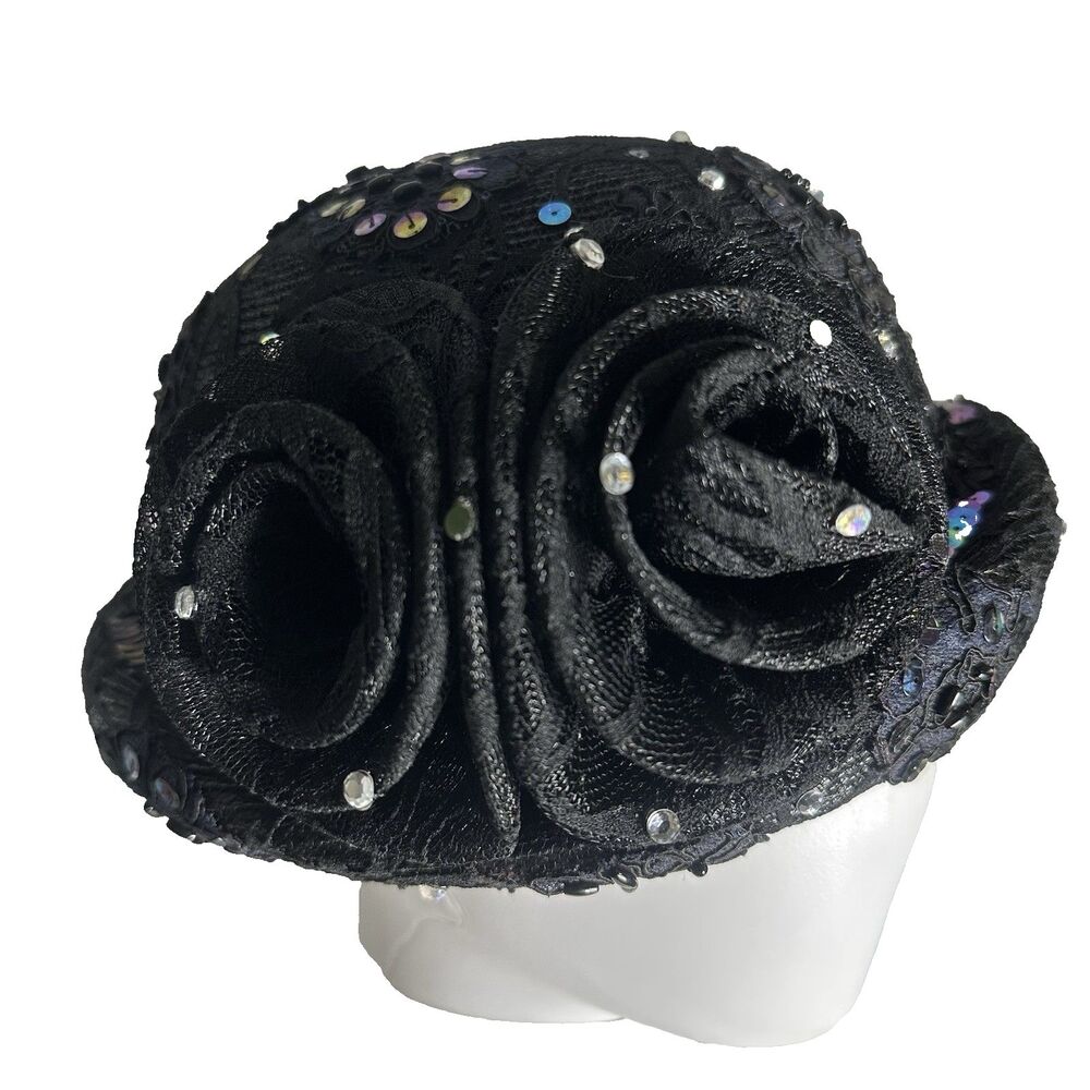 Vintage Mr. Hi's Classic Cloche Hat Womens Black Sequin Rhinestone Church Lady